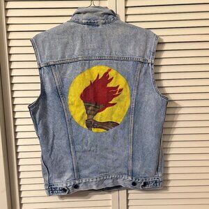 80s Trucker Levi Strauss Lt wash distressed Blue Denim Vest Hand painted TORCH